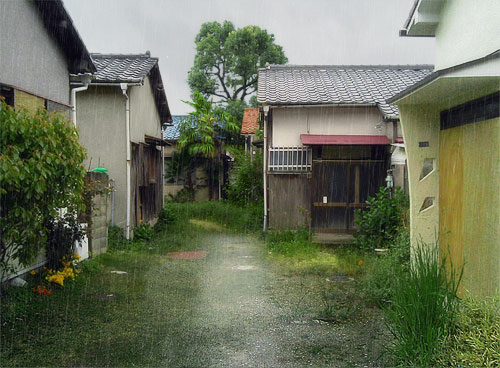 雨の日、平屋住宅間の路地
